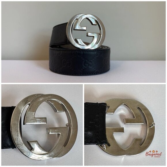 Auth Gucci Black Guccissima Leather Silver Interlocking G Buckle Belt 115/46 - Picture 2 of 13